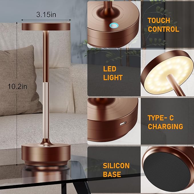 SAKRINGT Rechargeable Cordless Table Lamp - Battery Operated LED Portable Table Light with 3 Color Stepless Dimming, Memory Function - IP54 Waterproof for Outdoor, Restaurant, Patio, Camping