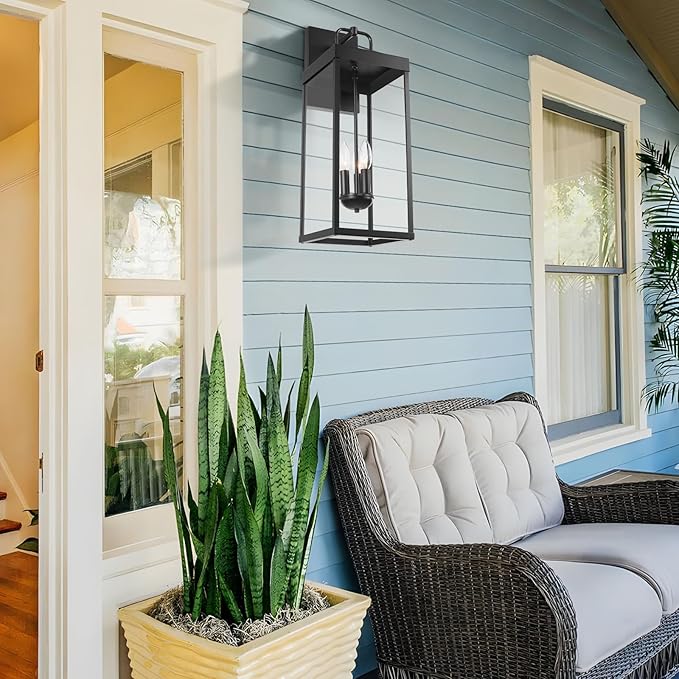 Outdoor Wall Sconce Light, 24 Inch Tall Transitional Exterior Wall Bracket Lighting with Clear Glass, Anti-Rust Powder Coat Black Modern Outside Carriage Lantern Lamp for Porch Garage Patio