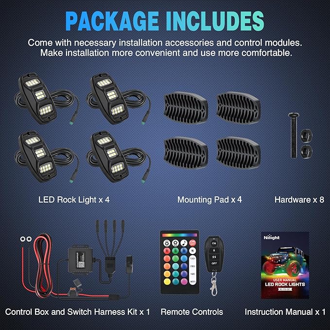 Nilight RGBW LED Rock Lights Kit, 4 Pods 22LED Wide Angle Remote & Bluetooth App Dual Control with Music Modes Multicolor Underglow Neon Wheel Well Light Fit for ATV UTV SUV Offroad Truck RZR Boat