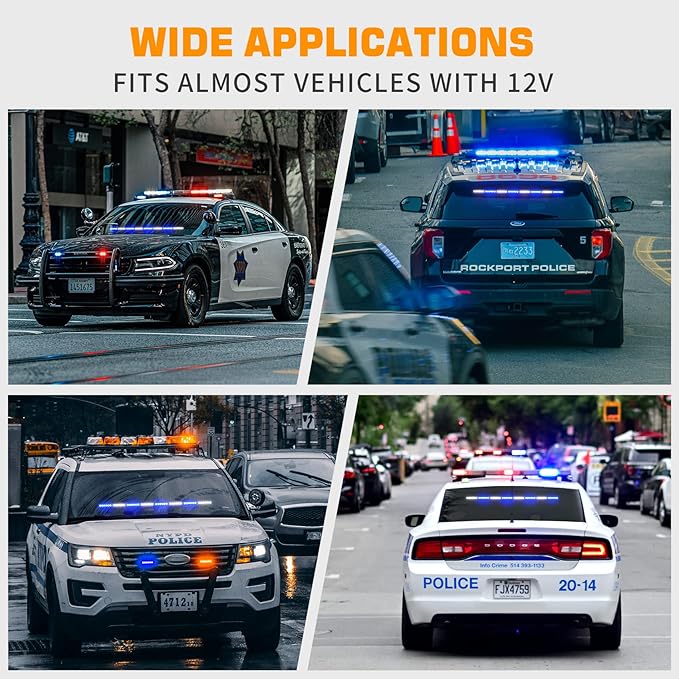 XRIDONSEN 35 inch Blue White Traffic Advisor Light Bar 48 LED Emergency Strobe Lights Safety Warning Front/Rear Window Lights w/Display Controller for Police Firefighter Ambulance Vehicles Trucks