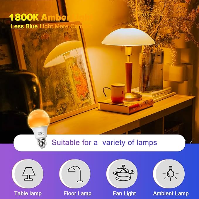 Amber Sleep Light Bulbs, Blue Light Blocking, A19 9W(60 Watt Equivalent) Dim Light Bulbs for Lamp, 1800K Warm Light Bulb, E26 for Healthy Sleep, Bedroom, Kids Room, 2 Pack