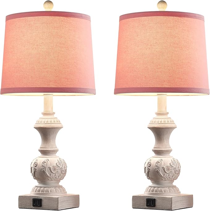 Set of 2 Pink Farmhouse Table Lamps 23.5" Vintage Nightstand Lamp with USB A+C Ports Antique Carved Floral Base & Pull Chain for Bedside, Living Room, Girls Bedroom, Dorm (Bulb Not Included)