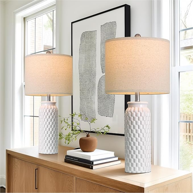 27" White Modern Ceramic Living Room Lamps Bedside Lamp Set of 2 for Bedroom Decor Farmhouse Table Lamp for Living Room Office Dorm
