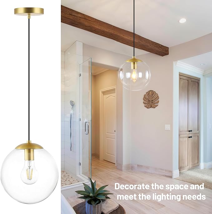KoKo&Yukina 6-inch mini Modern Globe Pendant Light Clear Glass with Brass Finish Contemporary Mid Century Adjustable Hanging Light Fixture for Living Room Bedroom Kitchen Island (Bulb Incl.)