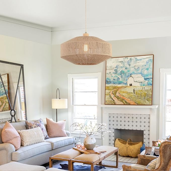 Coastal Large Woven Plug in Pendant Light with 14ft Handmade Woven Light Cord, Dimmable Switch, Natural Hemp Rope Hanging Lamp for Kitchen Island Farmhouse Dining Room Living Room,17.8 inch Width