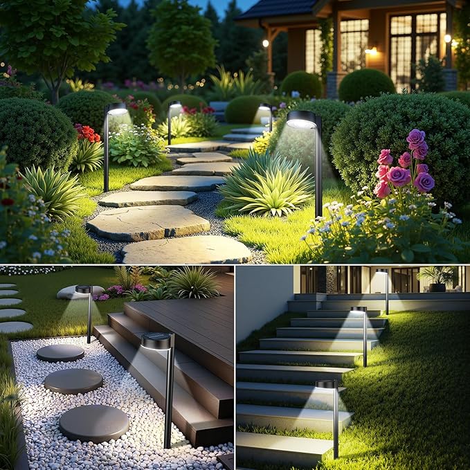 4 Pack Solar Pathway Lights Outdoor, 12 Brighter LED Solar Lights Outdoor Waterproof, Up to 12 Hrs Modern Path Light for Yard Garden Walkway Driveway Lawn, Cool White