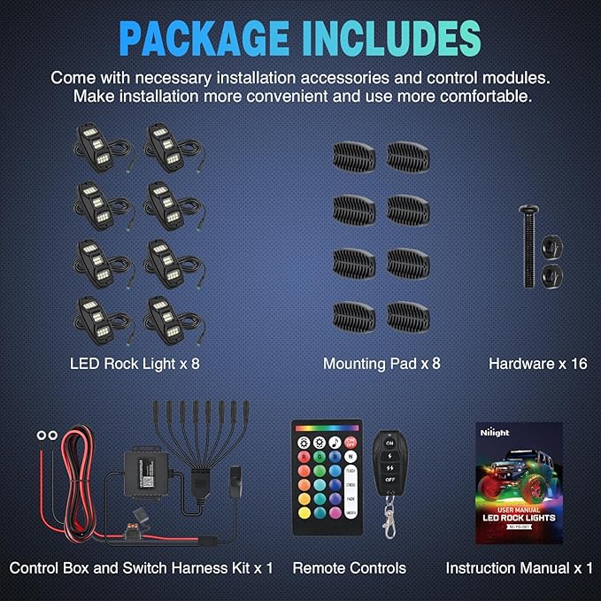 Nilight RGBW LED Rock Lights Kit, 8 Pods 22LED Wide Angle Remote & Bluetooth App Dual Control with Music Modes Multicolor Underglow Neon Wheel Well Light Fit for ATV UTV SUV Offroad Truck RZR Boat