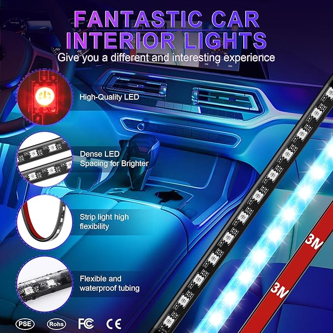 LivTee Accent Interior Car Lights, Smart Car Interior Lights with App Control, RGB LED Lights with Music Mode and DIY Mode, 2 Lines Design LED Lights for Cars with 12V Cigarette Lighter Adapter