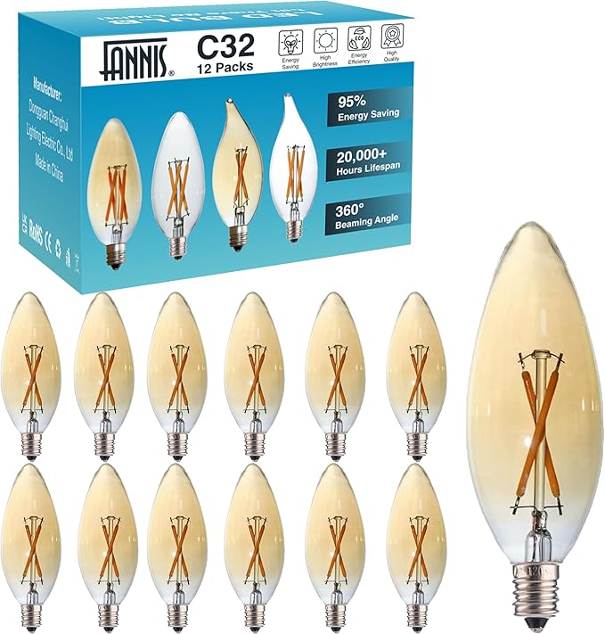 12 Pack C32 Candle Filament LED Bulb, 2W Equals 15-20W Soft Warm Light, E12 Candelabra Base Edison Bulb, Amber Glass Light Bulb for Pendant Chandelier Ceiling Fan