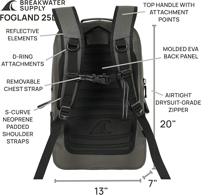 Breakwater Supply™ Waterproof IP68 Submersible Backpack with Airtight Zippers | Laptop Travel Outdoors | Fogland 25L 20L 15L | 100% Waterproof, Submersible, Airtight Zippers, Travel Outdoors