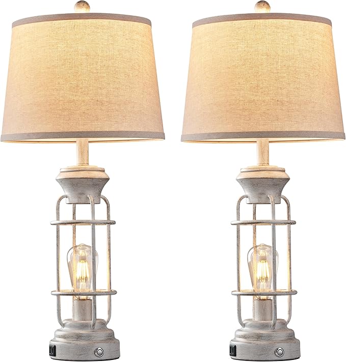 28" Farmhouse Table Lamp Set of 2 with USB Charging Ports, Tall Table Lamp for Living Room,3-Way Dimmable Lamps for Bedroom, Rustic Bedside Lamp, Industrial Nightstand Lamps,Bulbs Included