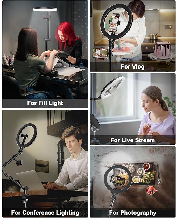 Ring Light with Stand and Phone Holder, USB 10" Ring Light for Desk, Overhead Camera Mount with Ringlight, Desk Lamp with Clamp for Photography/Makeup/Live StreamVideo/YouTube