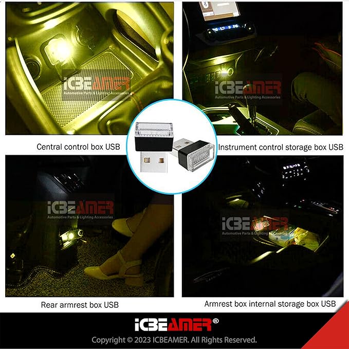 ICBEAMER 2-Pack USB Type-A LED Night Light, Color: Yellow | Plug-in Universal Fit Automotive Accessories for Car Interior and Trunk Ambient Atmosphere Lighting