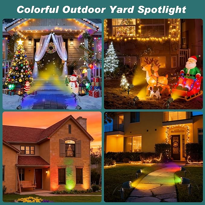 120V Spotlight Outdoor Halloween, 10W LED Spot Light with 4 Extra Lenses (Red Green Blue Yellow), Waterproof Landscape Spotlights for Christmas, Holiday, 5FT Extension Cord