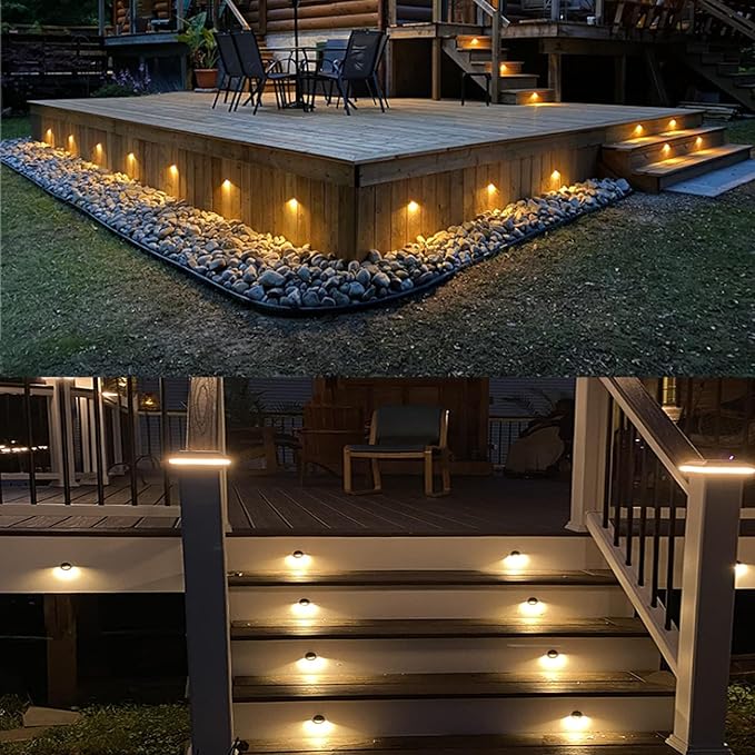LED Outdoor Deck Lights with Photocell, Φ1.38in Warm White 10 Pack Black, Low Voltage 12V IP65 Waterproof, Electric Wired Recessed Stair Step Riser Mini Under Landscape Lighting for Yard Floor