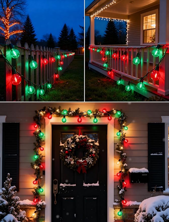 50Ft Clear Red and Green Outdoor LED Lights,G40 Globe Patio Christmas String Lights with 25 Ceramic Colorful Bulbs(2 Spare),Outside Christmas Hanging Lights for Christmas Tree Roofline Holiday Party