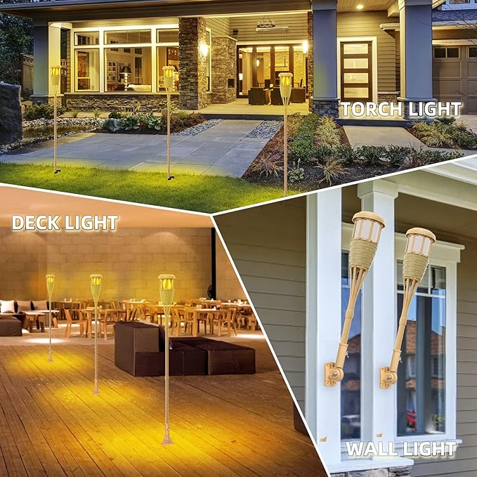 Upgraded Flickering Flames Solar Powered Lights - Solar Torches Waterproof Outdoor Decorative Lighting, Handmade Bamboo Finish, 2-Pack