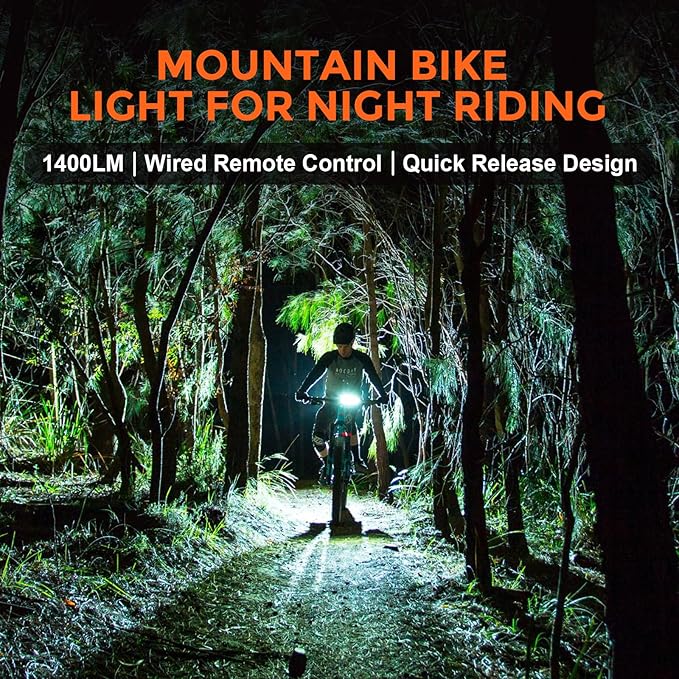 RAVEMEN PR1400 Rechargeable Bike Light, 1400 Lumens Light for Bike with Dual Lens, LED Display, IPX8 Waterproof Bike Front Light for Mountain Biking, Night Riding