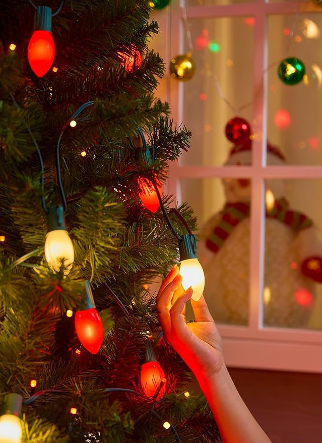 Vintage C9 LED Christmas Lights Outdoor, 100 Feet String Lights with 50 Shatterproof Bulbs, Waterproof Connectable Christmas Tree Lights for Outside Roofline Patio Xmas Decor, Red & Warm White