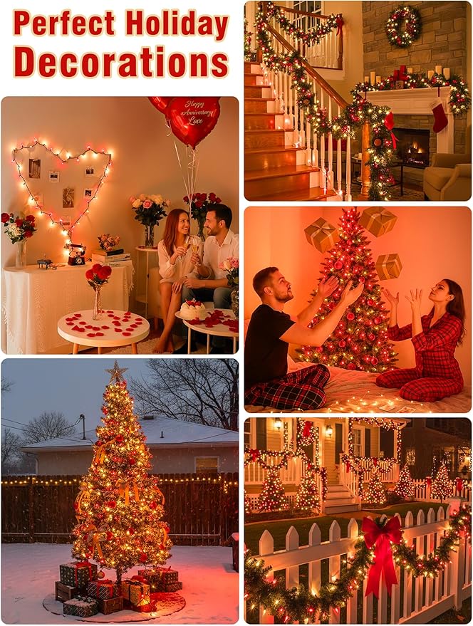 Hopolon Red and Warm White Christmas Lights,2PACK 50Count 13FT Mini Lights Connectable Christmas String Light Xmas Tree Light Incandescent Plug in Waterproof for Home Yard Party Wedding Holiday Decor