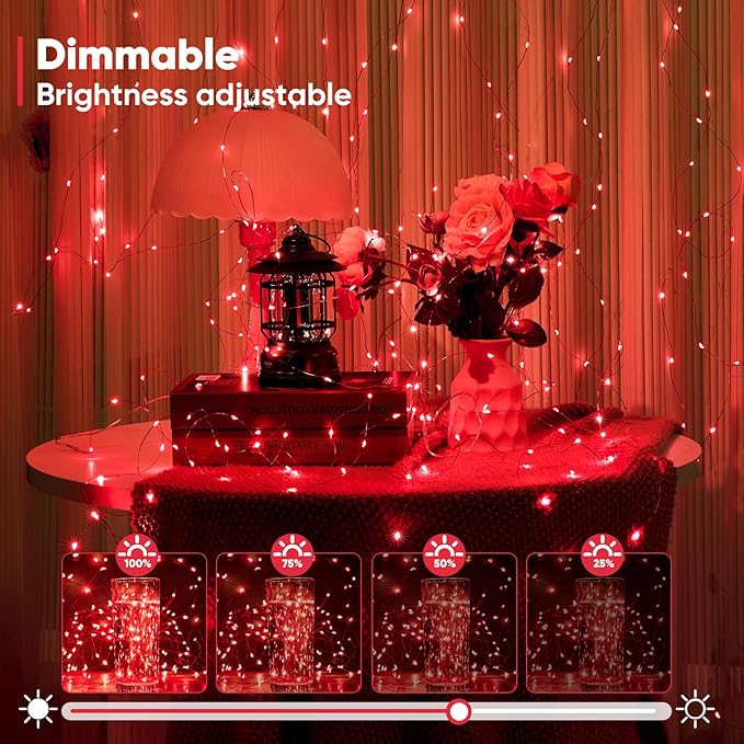 4 Pack 65.6 Ft. Battery Operated Outdoor String Lights with Remote & Timer, LED Red Fairy Lights, Waterproof Twinkle Lights for Bedroom, Dorm, Mason Jar, Wedding, Party, Christmas