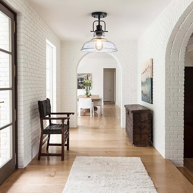 Flush Mount Ceiling Light Fixture < Bulb NOT Included >, Black Metal Frame Ceiling Light Fixture with Seeded Glass, Farmhouse Light Fixture for Kitchen Island Entryway Porch Foyer