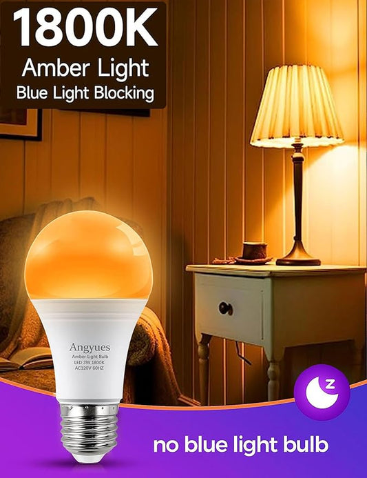 Amber Sleep Light Bulbs, Blue Light Blocking, A19 3W(25 Watt Equivalent) Dim Light Bulbs for Lamp,1800K Warm Light Bulbs,Mood Soothing Light E26 Warm Light Bulbs for Bedroom,2 Pack