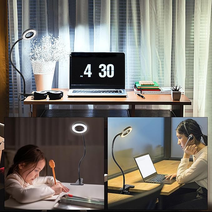 Woputne Clip-on Desk Lamp for Reading – 10 Brightness Levels, 3 Modes, 5V 2A Adapter, Clamp Light for Bed & Home Office, 2 Pack (Black)