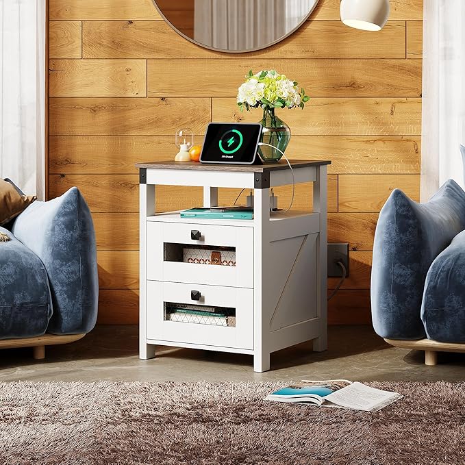 WLIVE Nightstand with Charging Station, Farmhouse End Table, Bed Side Table with 2 Storage Drawers and Open Shelf, Wood Rustic Nightstands for Bedroom, Living Room, White