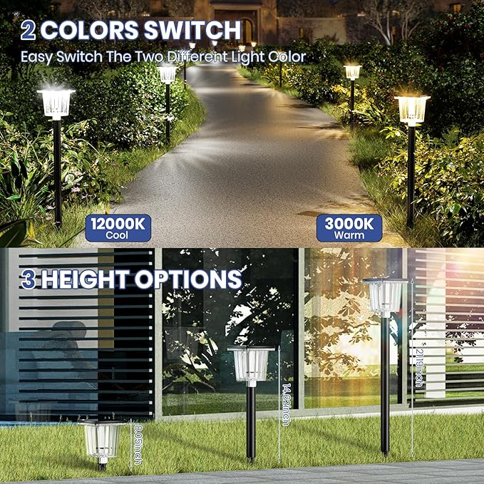 HIGH-POWER 2-in-1 Warm&Cold,3000/12000K 6 Pack Solar Pathway Lights,SUPER BRIGHT Solar Lights Outdoor IP65 Waterproof ,Up to 28 Hrs Solar Walkway Lights for Yard,Patio,Landscape,Sidewalk,Driveway,Lawn