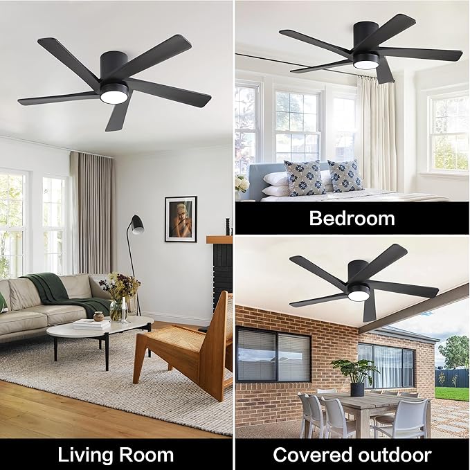 WINGBO 54 Inch Flush Mount DC Ceiling Fan with Lights and Remote, 5 Reversible Carved Wood Blades, 6-Speed Noiseless DC Motor, Hugger Ceiling Fan in Black Finish, Low Profile Ceiling Fans, ETL Listed