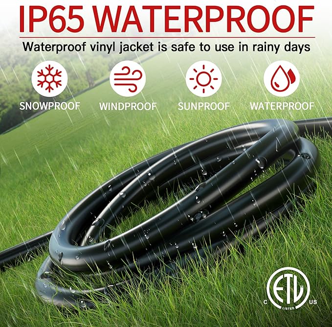 50 FT 12 Gauge Extension Cord Outdoor, Heavy Duty Weatherproof & Flame Retardant Black 3 Prong Power Cord with Light, Outside for Lawn & Garden, 15 Amps 1875 Watts 125 VAC 12AWG SJTW, ETL Listed
