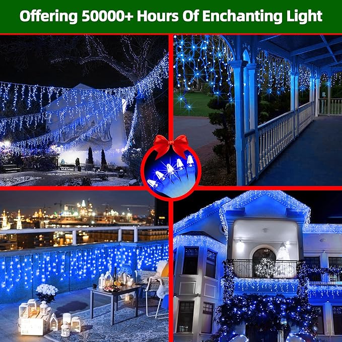 1296 LED Outdoor Christmas Lights with 288 Drops, 131FT Christmas Fairy Lights with 8 Modes Timer, Twinkly Lights IP44 Waterproof for Eaves Yard Room Holiday Wedding Party Decor (Blue)