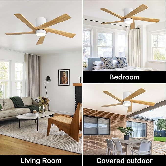 WINGBO 54 Inch Flush Mount DC Ceiling Fan with Lights and Remote, 5 Reversible Carved Wood Blades, 6-Speed Noiseless DC Motor, Hugger Ceiling Fan in White Finish with Oak Blades, ETL Listed