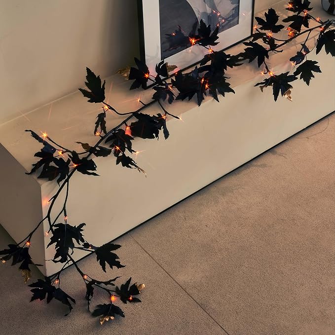 Hairui Lighted Black Maple Garland with Timer 48 LED Orange and Warm White Fairy Lights, Halloween Garland with Lights 6FT Battery Operated with 10 Functions for Fireplace Table Halloween Decoration