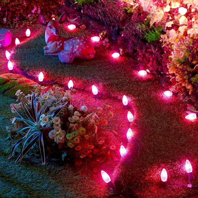 C7 Pink Christmas LED Replacement Light Bulb, C7 Shatterproof Replacement Bulbs for Outdoor Indoor String Lights, E12 Candelabra Base Pink Christmas Bulb for Xmas Holiday House Lighting Decoration