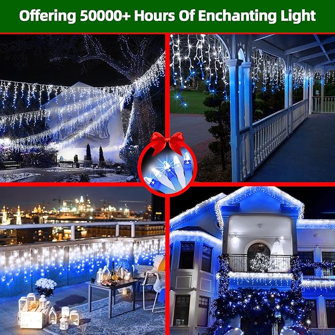 1296 LED Outdoor Christmas Lights with 288 Drops, 131FT Christmas Fairy Lights with 8 Modes Timer, Twinkly Lights IP44 Waterproof for Eaves Yard Holiday Wedding Party Decor Blue & Cool White