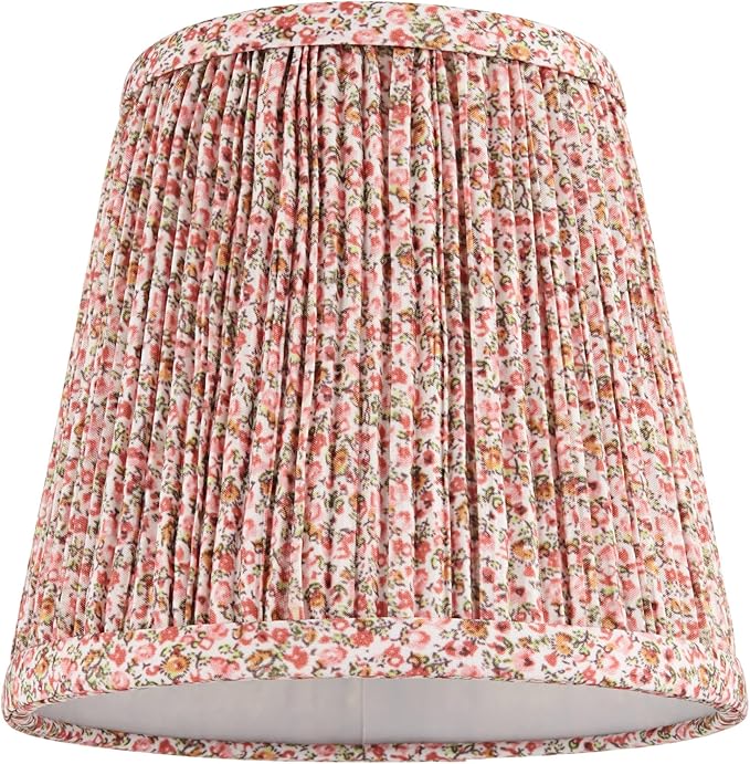 4" Top x 6" Bottom x 5 1/2" High x Print Cottage Core Lamp Shade Replacement Small Mini Pink Red Empire Round Floral Modern Fabric Leaf Shirred Pleated Pattern Clip On Candelabra - Springcrest