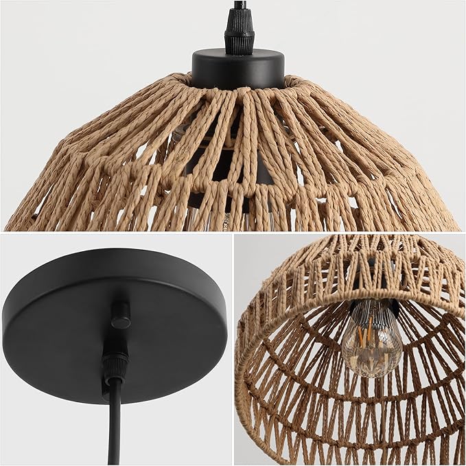 JONATHAN Y 10.25" Brown Modern Bohemian Woven Rope LED Pendant Light Fixture, Adjustable Dome Ceiling Lamp for Kitchen Island, Rope Shade, Coastal Farmhouse Decor (JYL6513E)