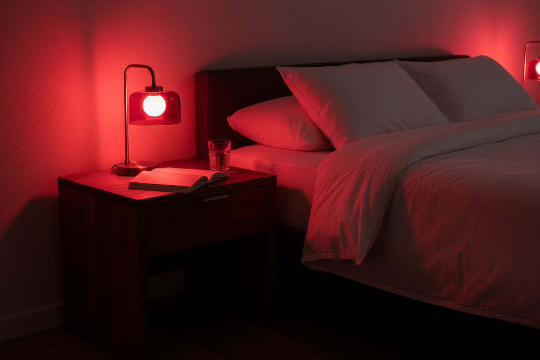 630nm red light lamp on a bedside table in a sleep-optimized bedroom with warm red glow and white linen bedding