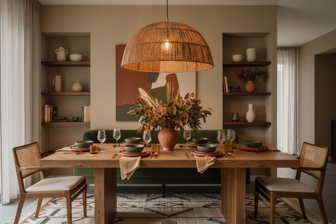 Modern dining room with a warm pendant light hanging over a wooden table, styled for fall home decor