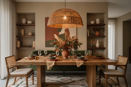 Modern dining room with a warm pendant light hanging over a wooden table, styled for fall home decor