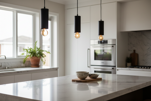 Best pendant lights for kitchen island — three matte black cylinder pendants over a marble kitchen island