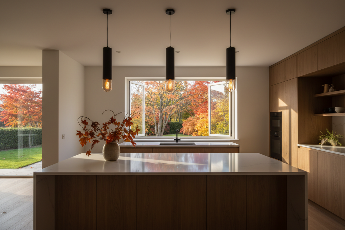 Modern kitchen island with three matte black pendant lights glowing warmly over white quartz countertop
