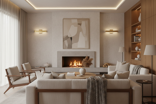 Best wall sconces for living room accent lighting — modern interior with sconces flanking a fireplace