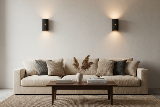 Modern matte black wall sconces mounted on either side of a living room sofa, casting warm ambient light
