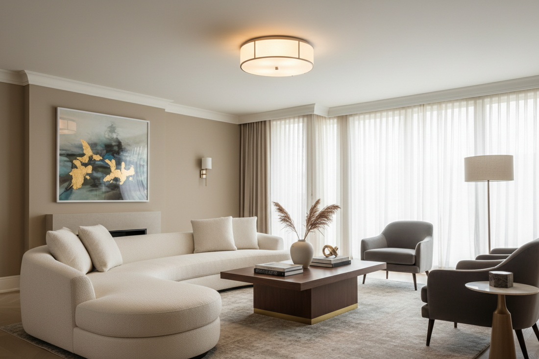 Best ceiling lights for living room — modern brushed nickel drum flush mount creating warm ambient glow over elegant seating area