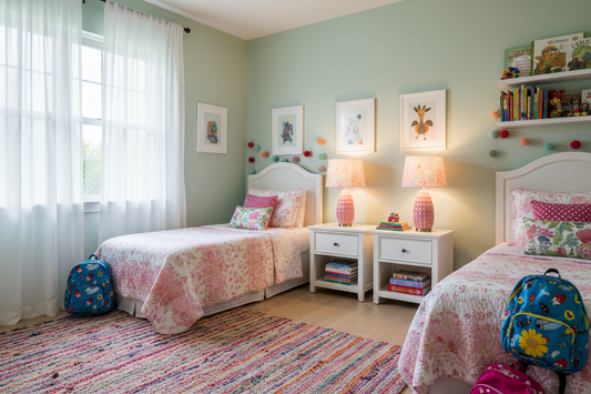 3-color pull chain table lamp set of 2 with AC outlet on matching nightstands in a kids bedroom with pink and white decor