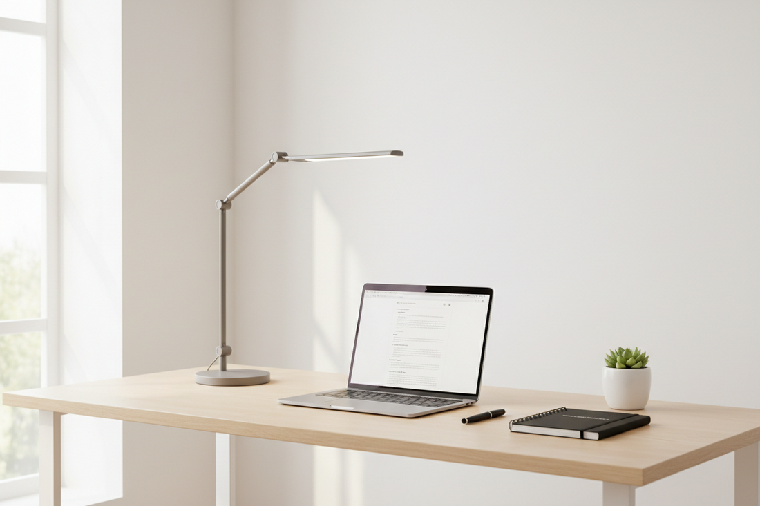 Bright and well-lit home office desk with a modern LED desk lamp and natural light from a nearby window reducing eye strain