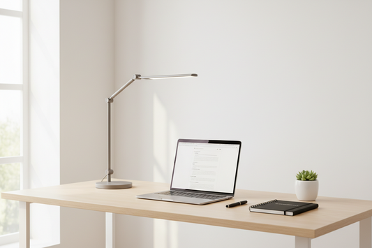 Bright and well-lit home office desk with a modern LED desk lamp and natural light from a nearby window reducing eye strain